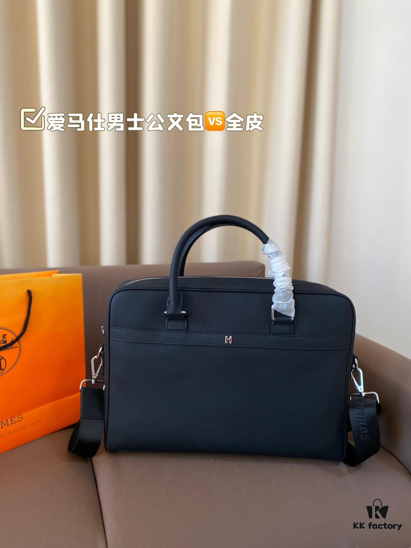 Hermes Men's Leather Briefcase, Can Be Worn Crossbody or Carried by Hand, Spacious for Documents and Laptops, Classic Black, Ideal for Business Men, Size 39 x 28