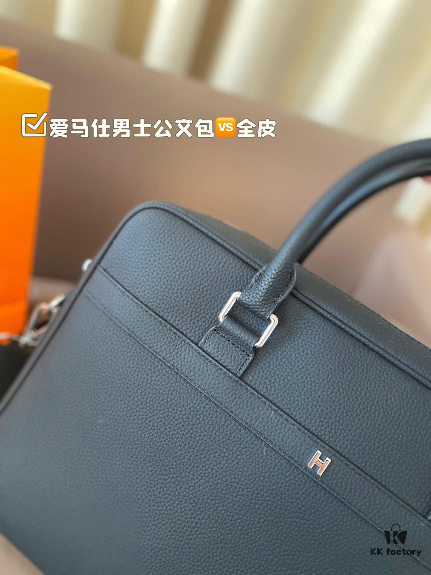 Hermes Men's Leather Briefcase, Can Be Worn Crossbody or Carried by Hand, Spacious for Documents and Laptops, Classic Black, Ideal for Business Men, Size 39 x 28