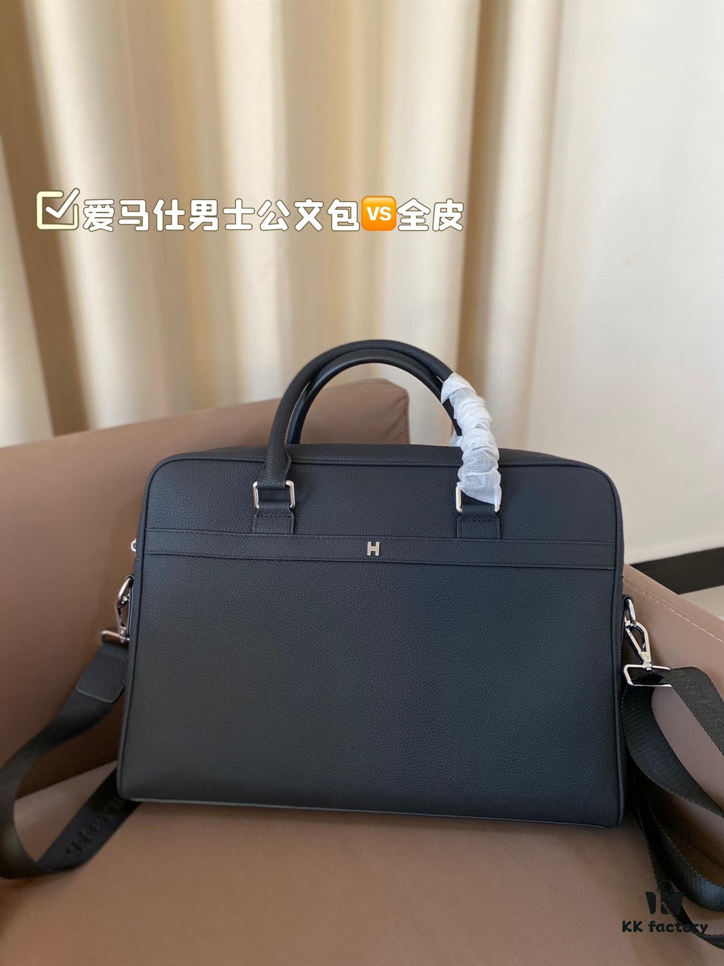 Hermes Men's Leather Briefcase, Can Be Worn Crossbody or Carried by Hand, Spacious for Documents and Laptops, Classic Black, Ideal for Business Men, Size 39 x 28
