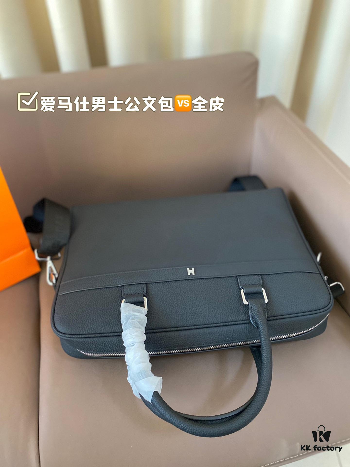 Hermes Men's Leather Briefcase, Can Be Worn Crossbody or Carried by Hand, Spacious for Documents and Laptops, Classic Black, Ideal for Business Men, Size 39 x 28