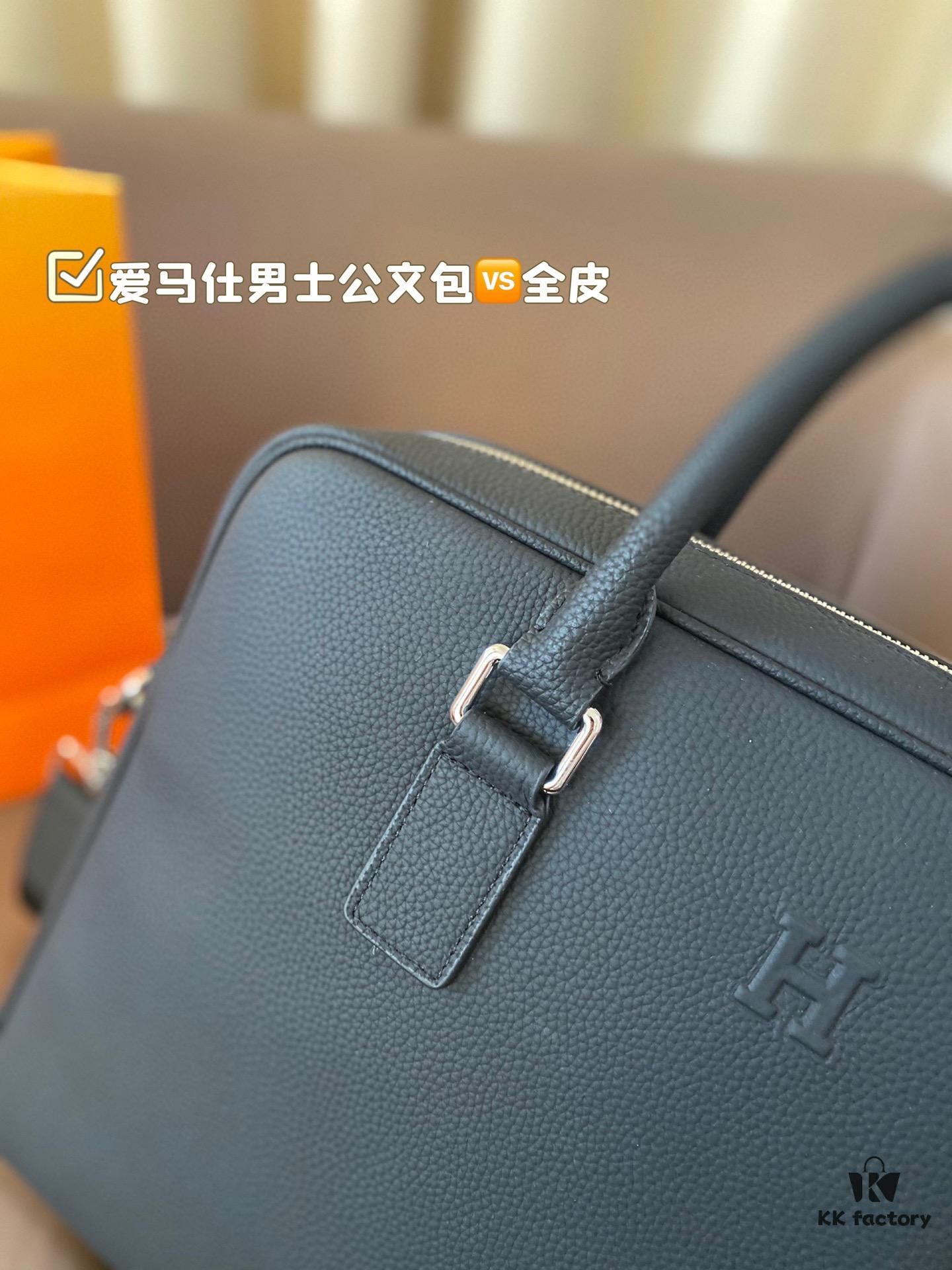 Hermes Men's Leather Briefcase, Can Be Worn Crossbody or Carried by Hand, Spacious for Documents and Laptops, Classic Black, Ideal for Business Men, Size 39 x 28