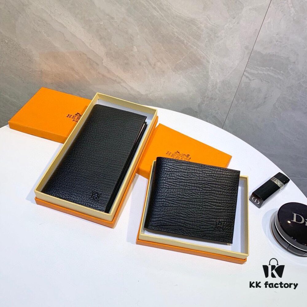 Hermès Style Men's Genuine Cowhide Bifold Wallet - Short and Long Version, Black