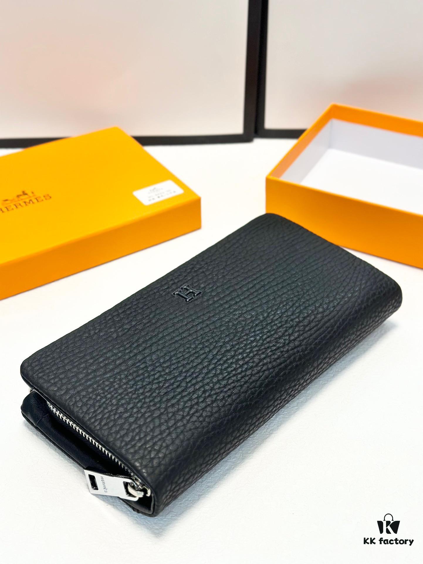 Hermès New Arrival Men's Small Clutch Wallet, Top-Grade Calfskin Leather, Black, 20x10