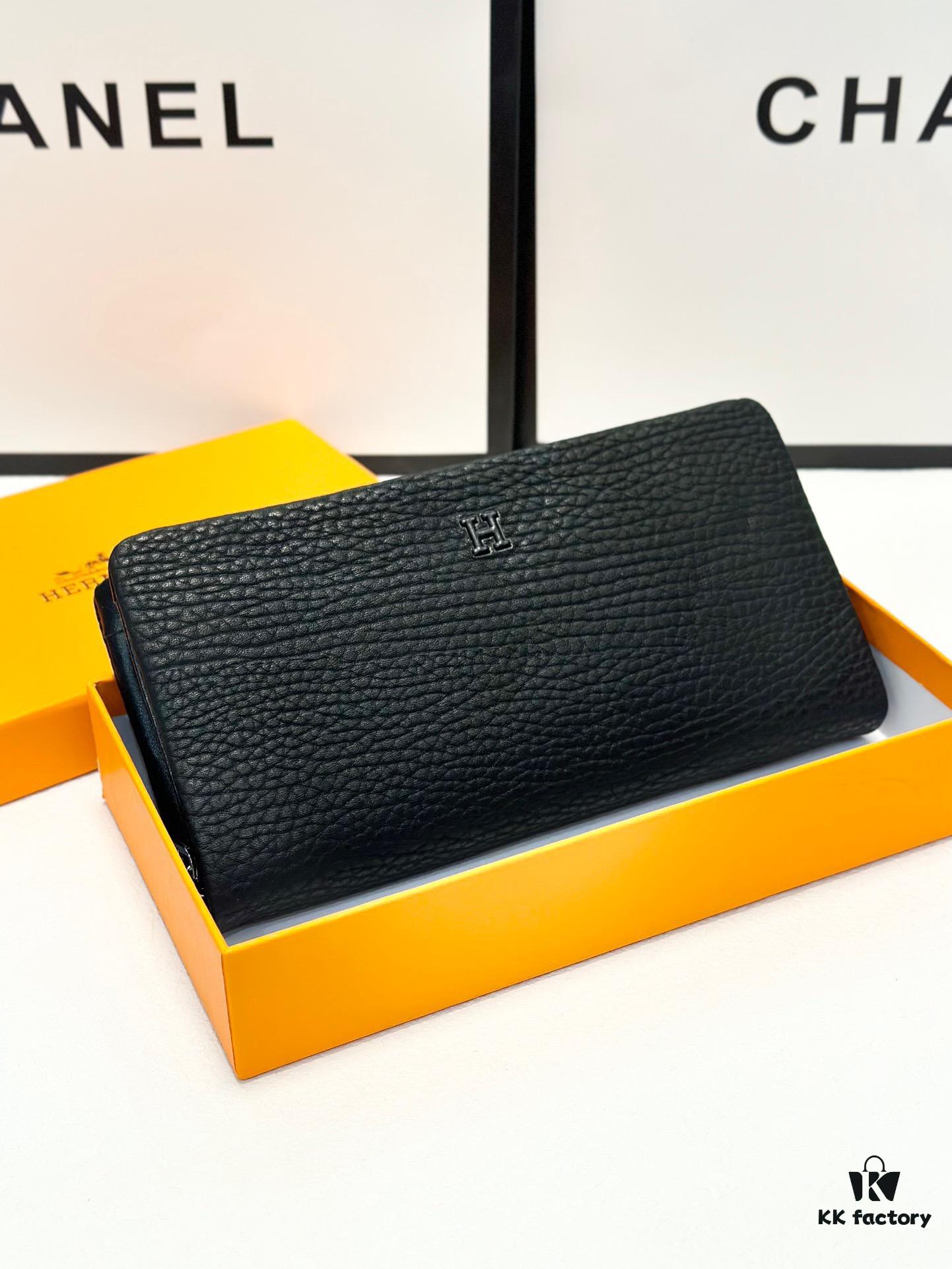 Hermès New Arrival Men's Small Clutch Wallet, Top-Grade Calfskin Leather, Black, 20x10