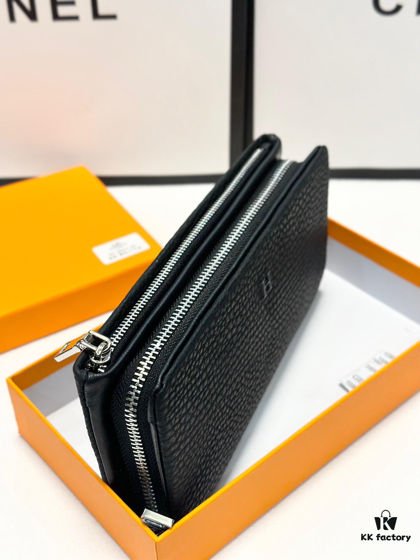 Hermès New Arrival Men's Small Clutch Wallet, Top-Grade Calfskin Leather, Black, 20x10