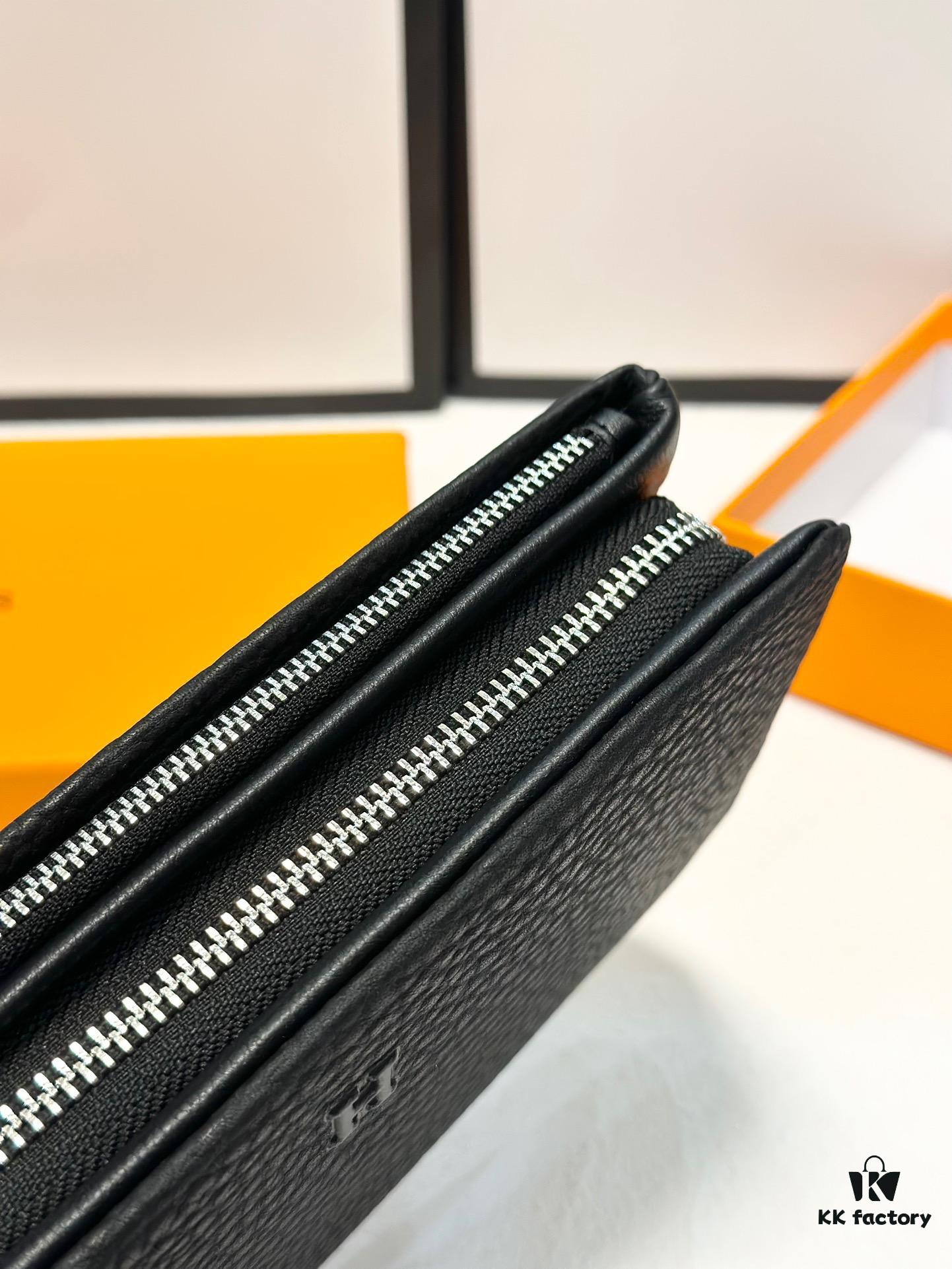 Hermès New Arrival Men's Small Clutch Wallet, Top-Grade Calfskin Leather, Black, 20x10