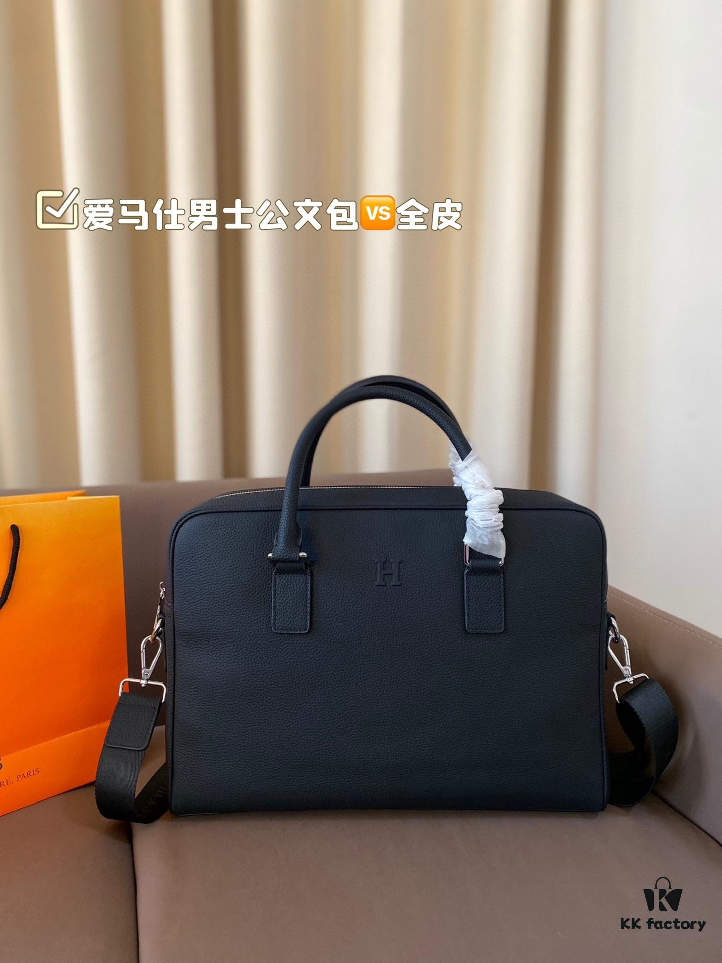 Hermes Men's Leather Briefcase, Can Be Worn Crossbody or Carried by Hand, Spacious for Documents and Laptops, Classic Black, Ideal for Business Men, Size 39 x 28
