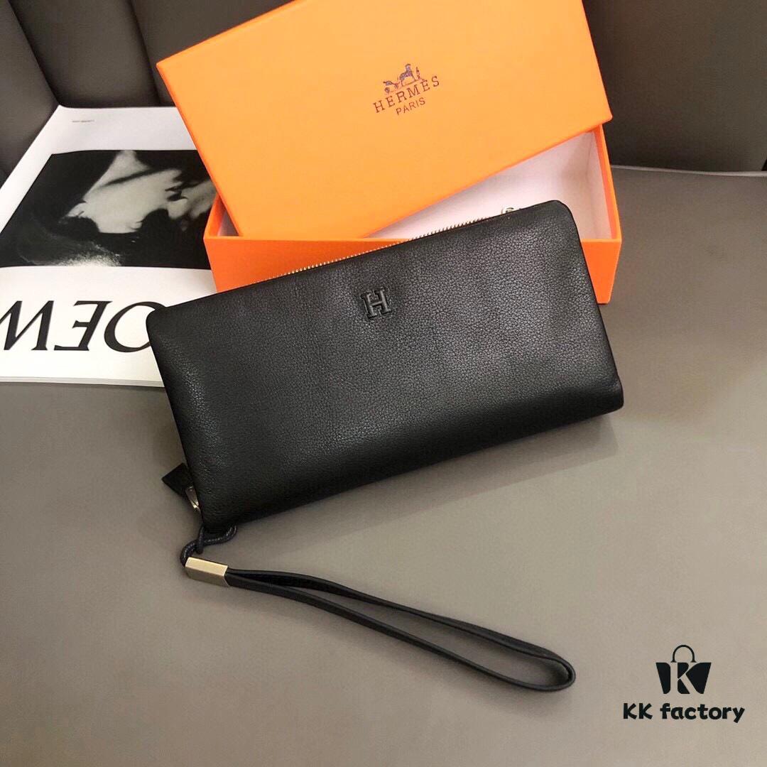 Hermès Black Leather Men's Clutch Bag 21x10 Model 90095 with Card Slots and Phone Pocket