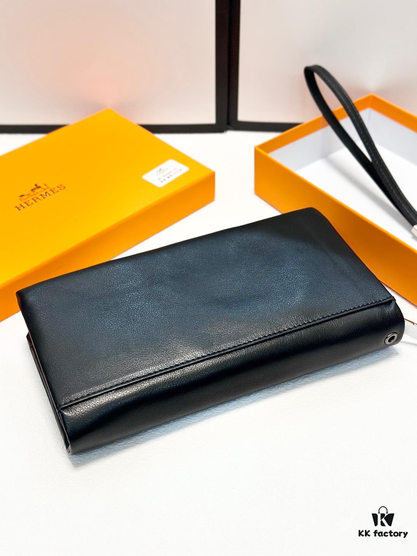 Hermès Black Leather Handheld Clutch Bag 21x10 Model 90095