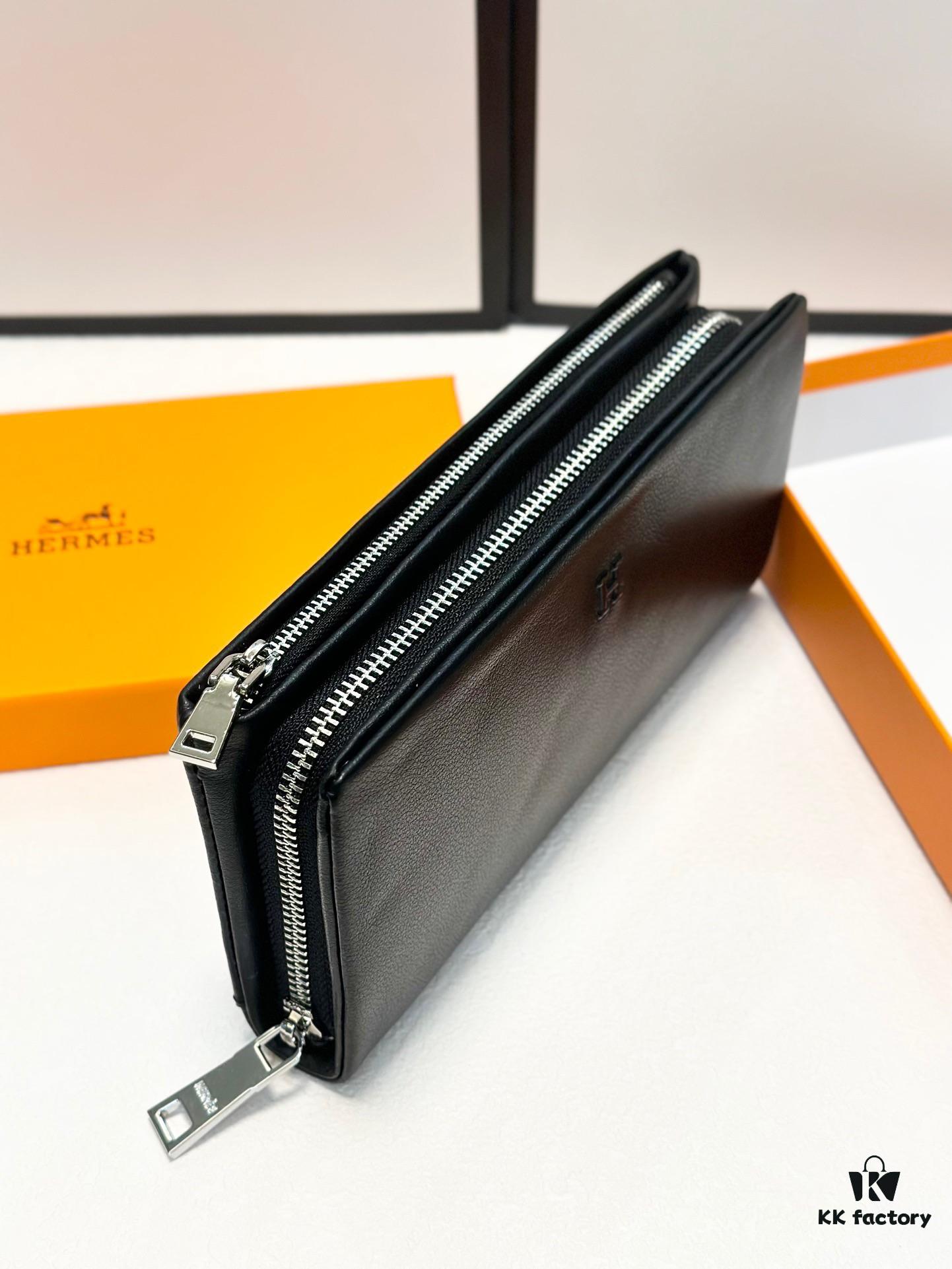 Hermès Black Leather Handheld Clutch Bag 21x10 Model 90095