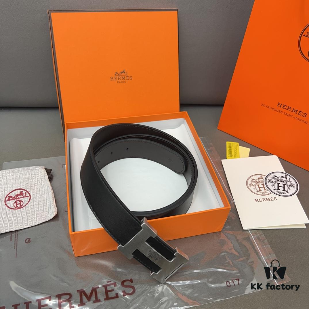 Hermès Men's Leather Belt with Steel Buckle and Printed Eyelets, Classic Design, Two Colors Available