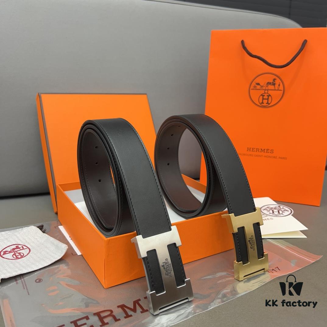 Hermès Men's Leather Belt with Steel Buckle and Printed Eyelets, Classic Design, Two Colors Available