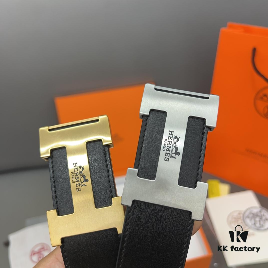 Hermès Men's Leather Belt with Steel Buckle and Printed Eyelets, Classic Design, Two Colors Available