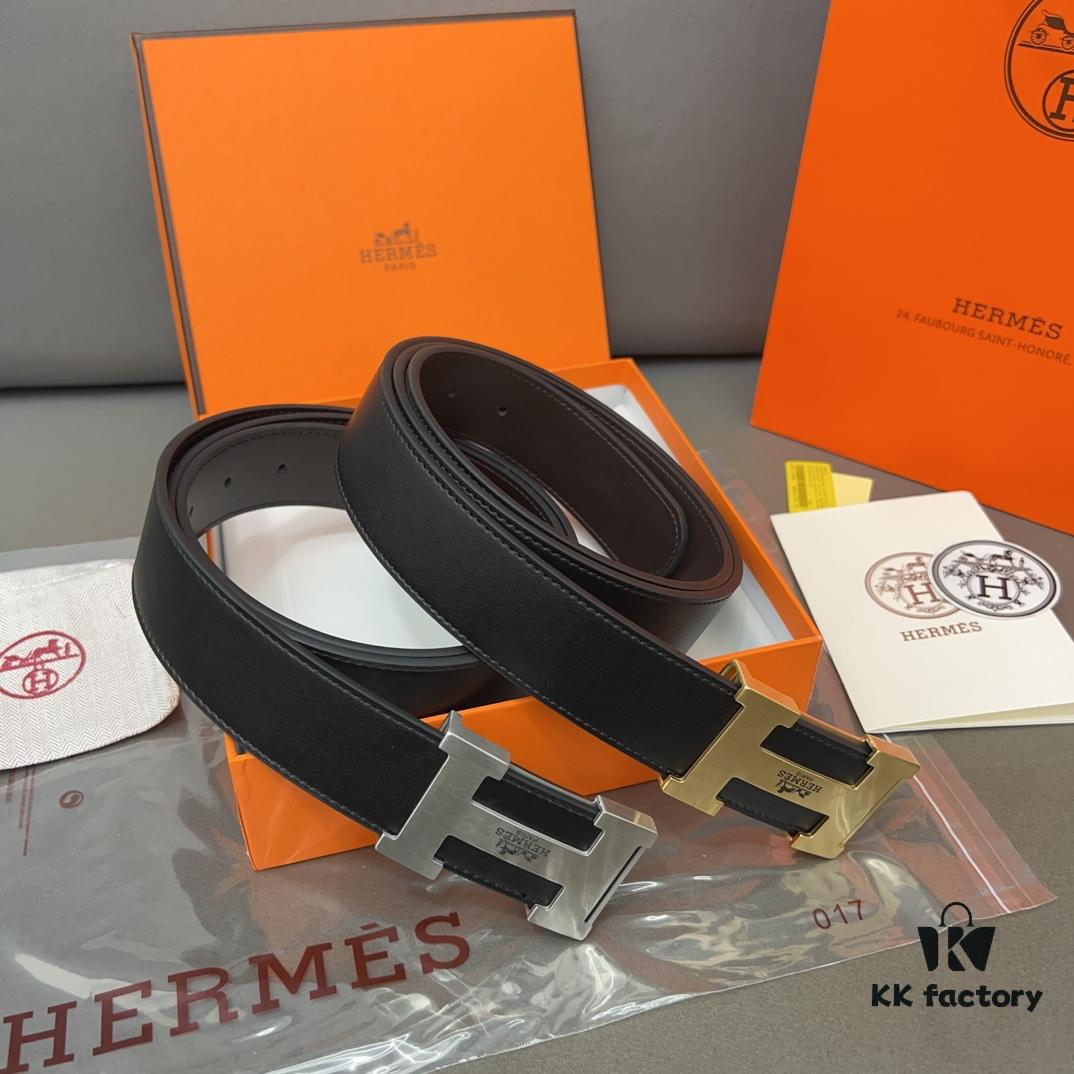 Hermès Men's Leather Belt with Steel Buckle and Printed Eyelets, Classic Design, Two Colors Available