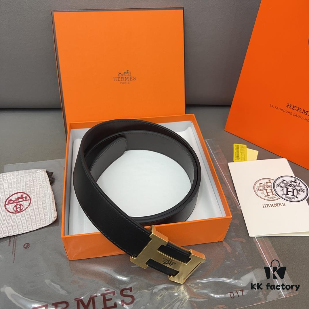 Hermès Men's Leather Belt with Steel Buckle and Printed Eyelets, Classic Design, Two Colors Available