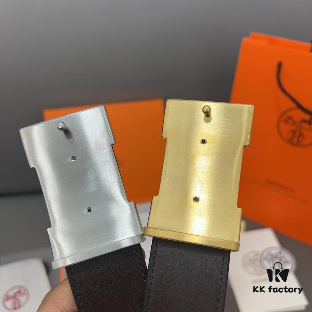 Hermès Men's Leather Belt with Steel Buckle and Printed Eyelets, Classic Design, Two Colors Available