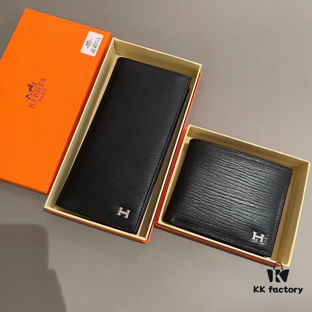 Hermès Style Men's Genuine Leather Bifold Wallet - Short and Long Version, Black Color, Premium Soft Leather