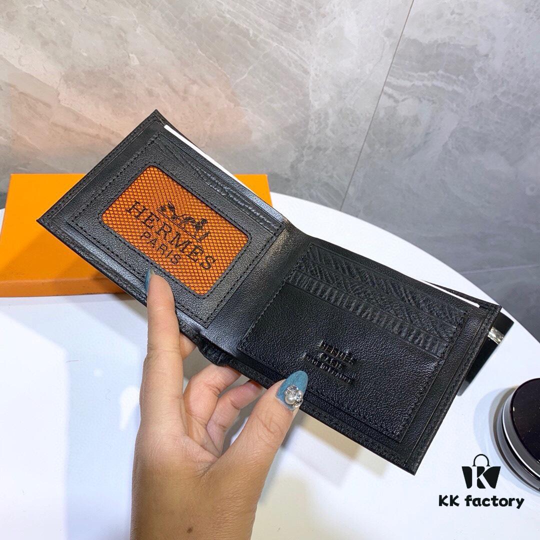 Hermes Men's Genuine Cowhide Bifold Wallet - Short and Long Style, Black Color, Model 8809