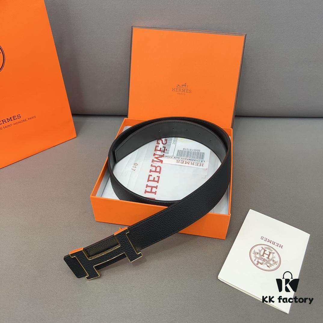 Hermès Men's Leather Belt with Steel Buckle and Printed Eyelet, Classic Style, Two Colors Available