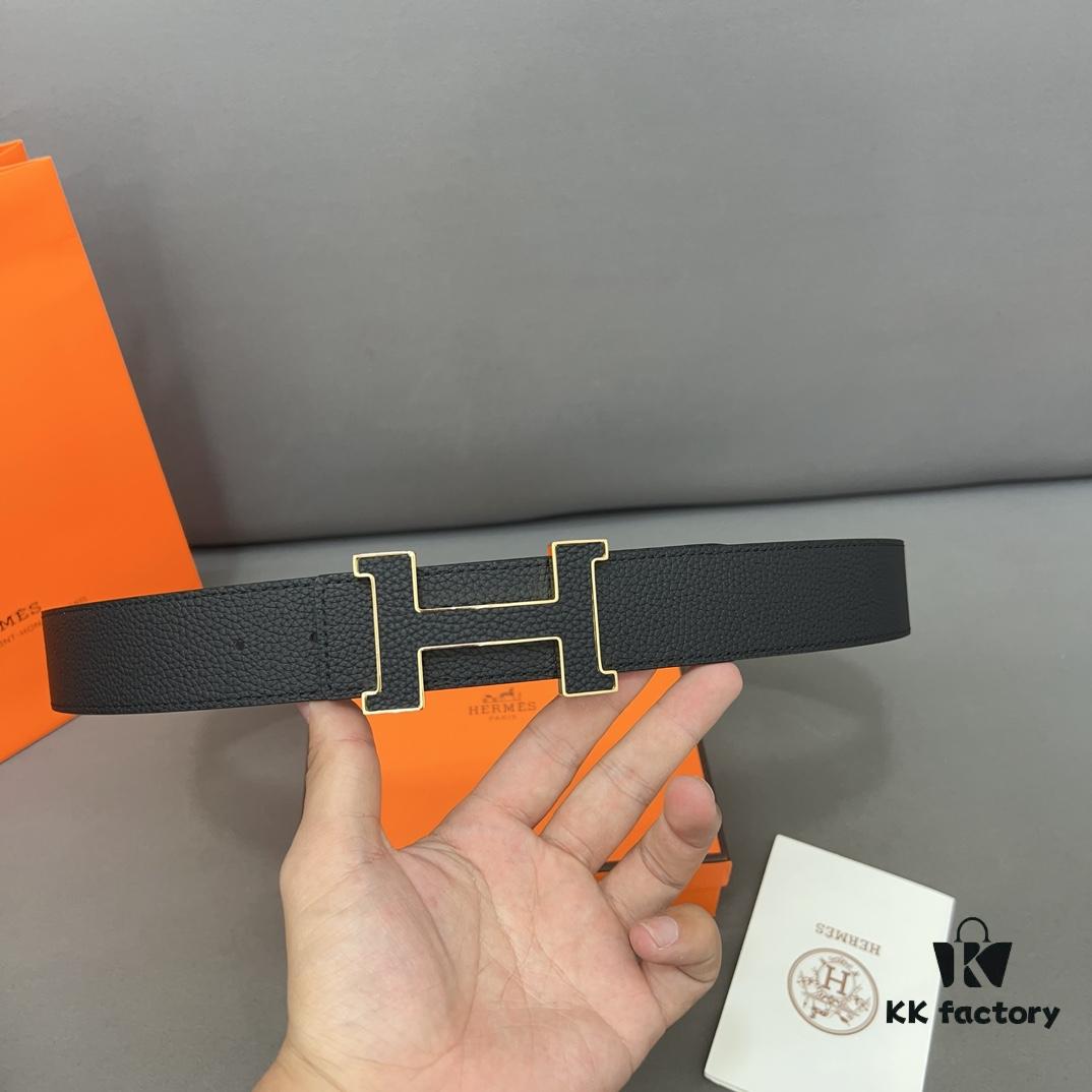 Hermès Men's Leather Belt with Steel Buckle and Printed Eyelet, Classic Style, Two Colors Available