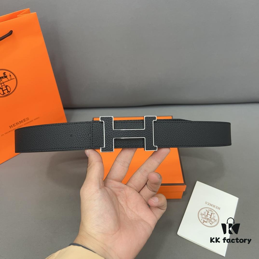 Hermès Men's Leather Belt with Steel Buckle and Printed Eyelet, Classic Style, Two Colors Available