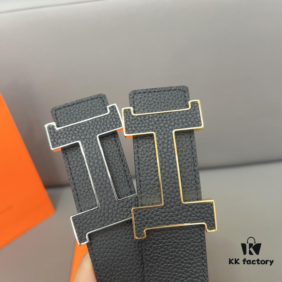 Hermès Men's Leather Belt with Steel Buckle and Printed Eyelet, Classic Style, Two Colors Available