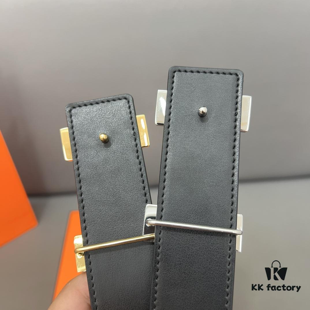 Hermès Men's Leather Belt with Steel Buckle and Printed Eyelet, Classic Style, Two Colors Available