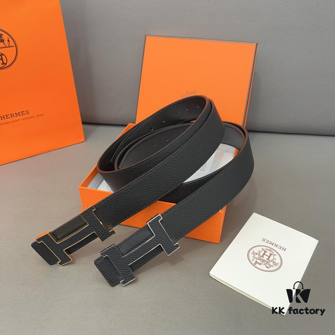 Hermès Men's Leather Belt with Steel Buckle and Printed Eyelet, Classic Style, Two Colors Available