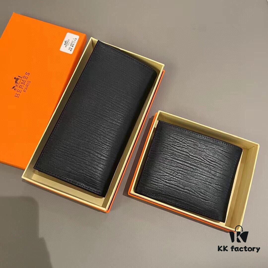 Hermes Men's Genuine Cowhide Leather Bifold Wallet Short and Long Version Black Color 12x10 19x10