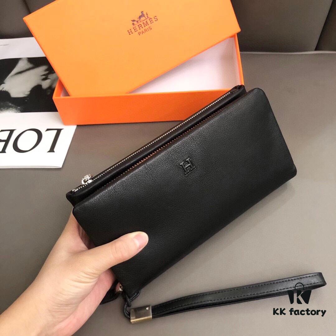 Hermès Black Leather Handheld Clutch Bag 21x10 Model 90095