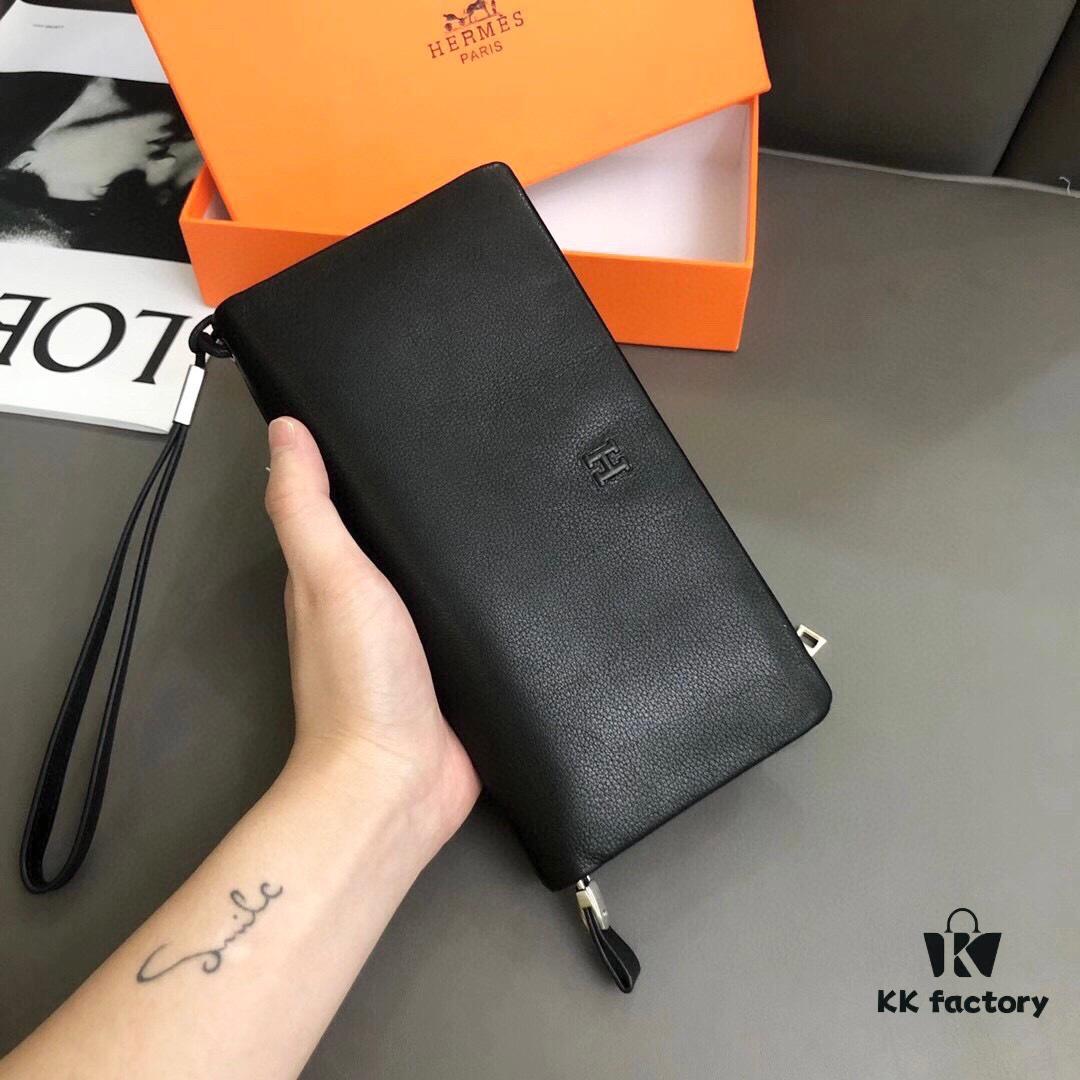 Hermès Black Leather Handheld Clutch Bag 21x10 Model 90095