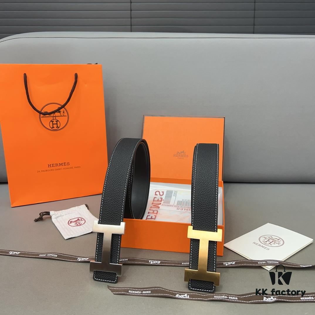 Hermès Men's Leather Belt with Steel Buckle and Printed Eyelet, Classic Style, Two Colors Available