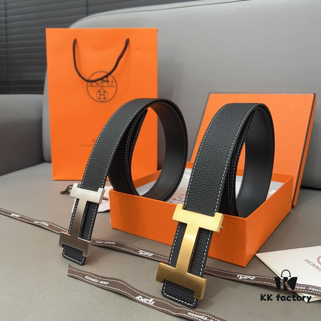 Hermès Men's Leather Belt with Steel Buckle and Printed Eyelet, Classic Style, Two Colors Available