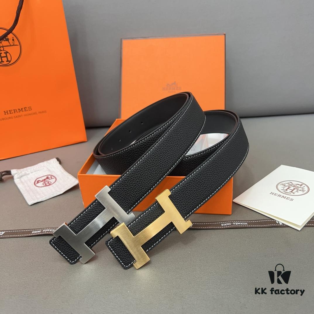 Hermès Men's Leather Belt with Steel Buckle and Printed Eyelet, Classic Style, Two Colors Available