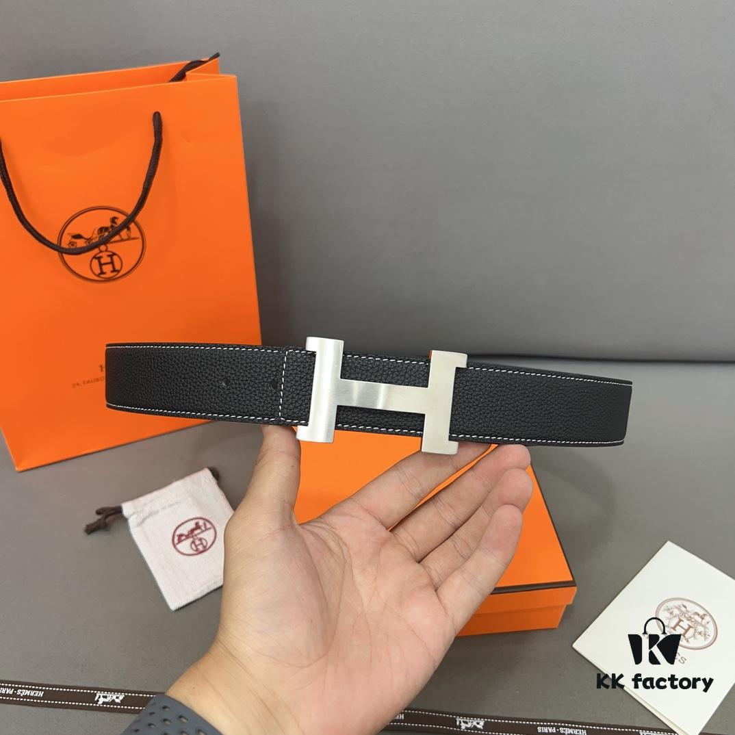 Hermès Men's Leather Belt with Steel Buckle and Printed Eyelet, Classic Style, Two Colors Available