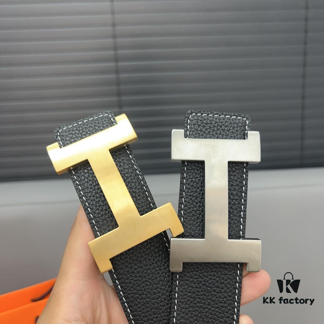 Hermès Men's Leather Belt with Steel Buckle and Printed Eyelet, Classic Style, Two Colors Available