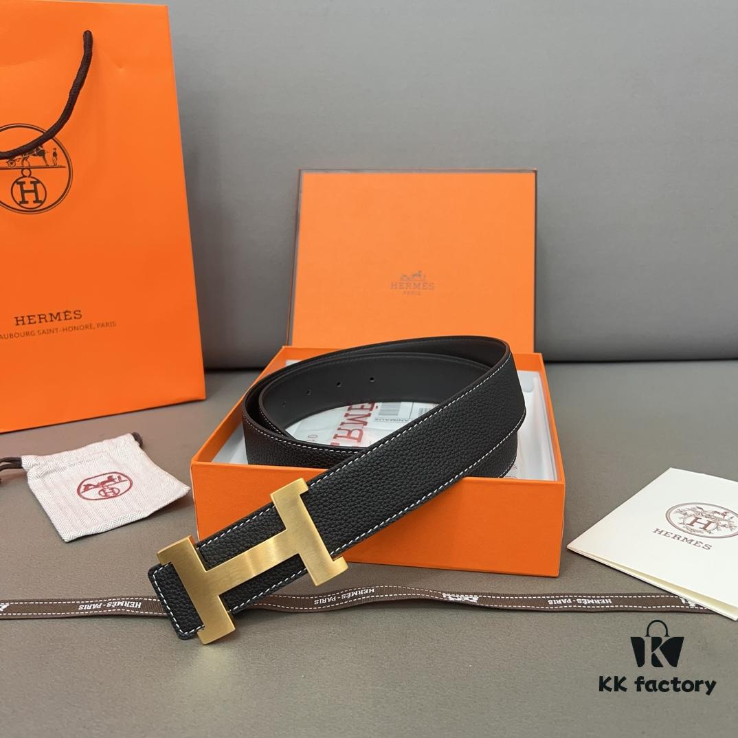 Hermès Men's Leather Belt with Steel Buckle and Printed Eyelet, Classic Style, Two Colors Available