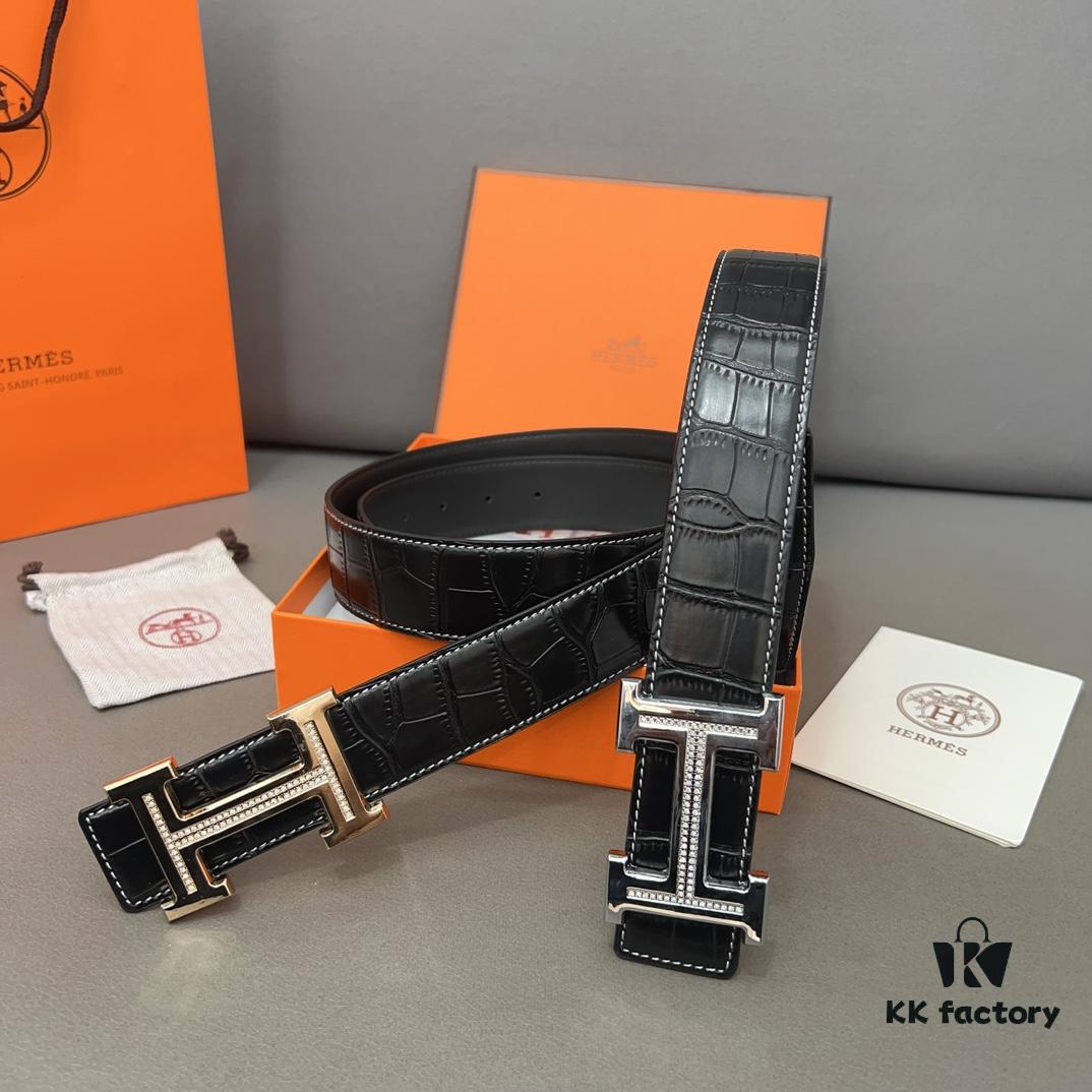 Hermès Men's Classic Leather Belt in Cowhide - Two Colors Available with High-Quality Alloy Buckle