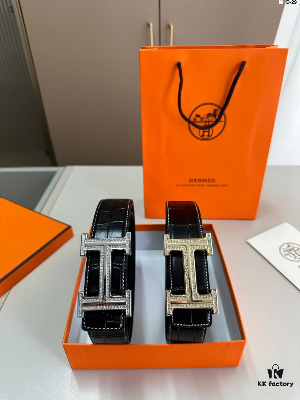 Hermes Men's Leather Belt D-29 with Full Packaging and Tote Bag