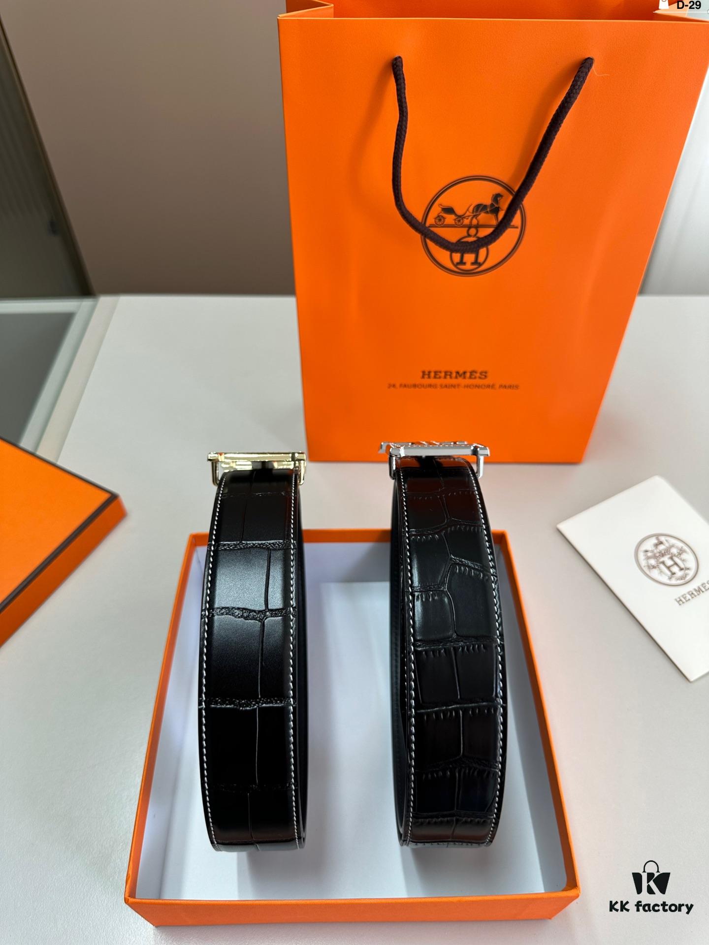 Hermes Men's Leather Belt D-29 with Full Packaging and Tote Bag
