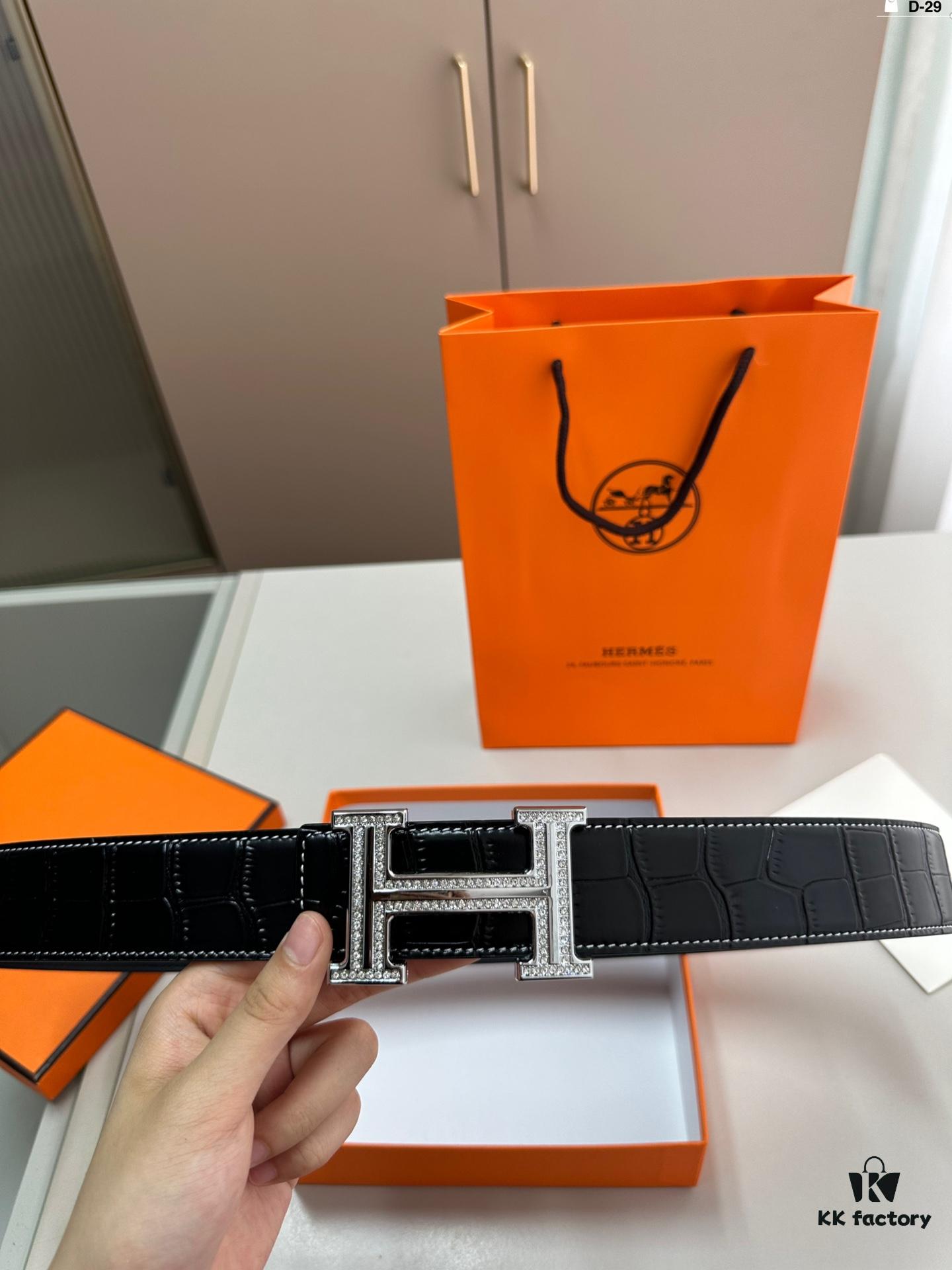Hermes Men's Leather Belt D-29 with Full Packaging and Tote Bag