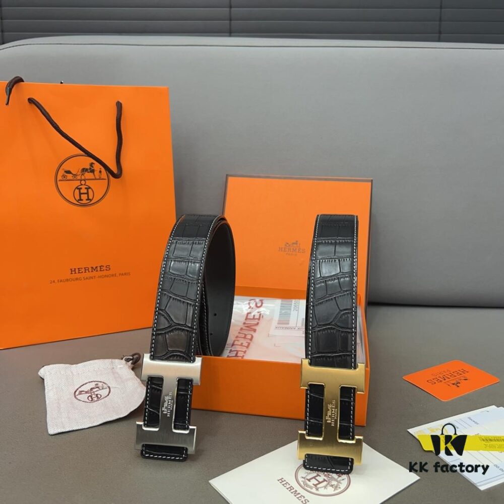 Hermès Men's Leather Belt with Steel Buckle and Printed Eyelets, Classic Design, Two Colors Available