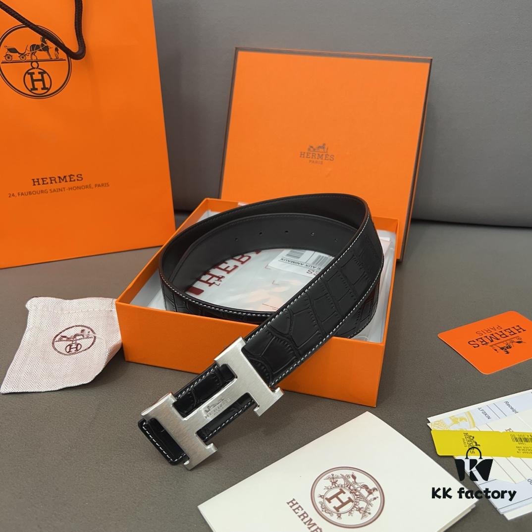 Hermès Men's Leather Belt with Steel Buckle and Printed Eyelets, Classic Design, Two Colors Available