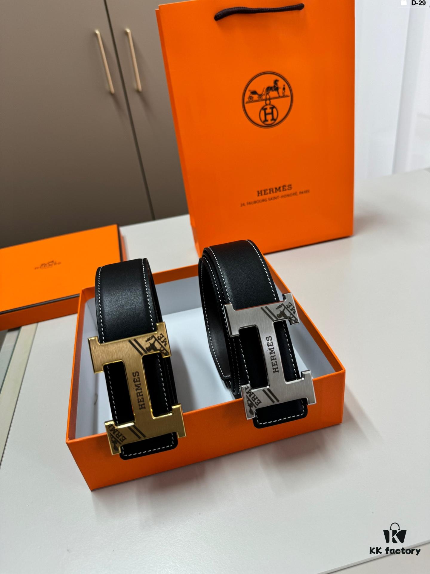 Hermes Men's Leather Belt D-29 with Full Packaging and Tote Bag