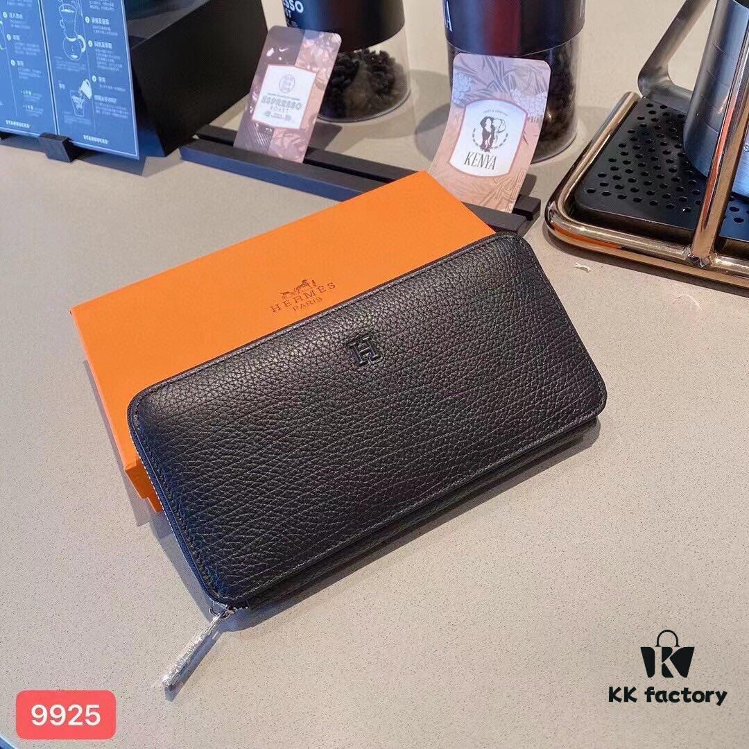 Hermès-inspired Black Leather Clutch 9925 - 21x10 - Premium Cowhide with Card Slots and Phone Pocket