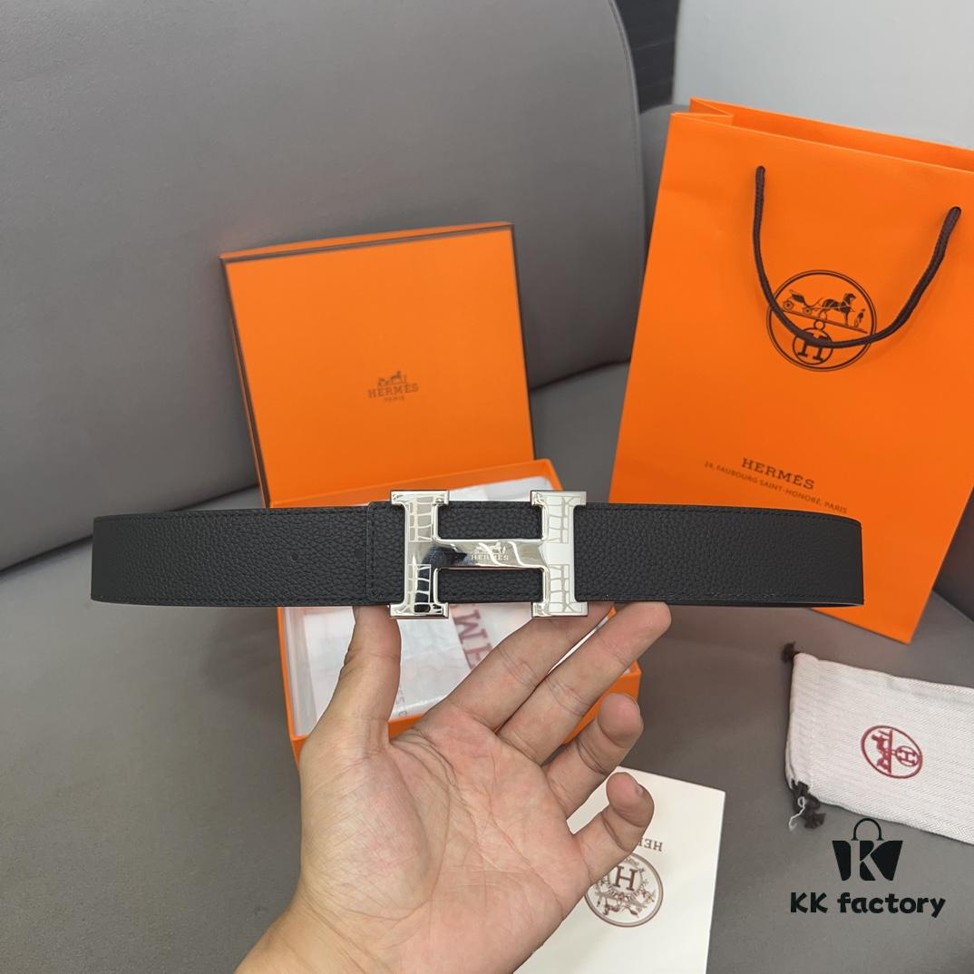 Hermès Men's Leather Belt with Steel Buckle and Printed Eyelets, Classic Design, Two Colors Available