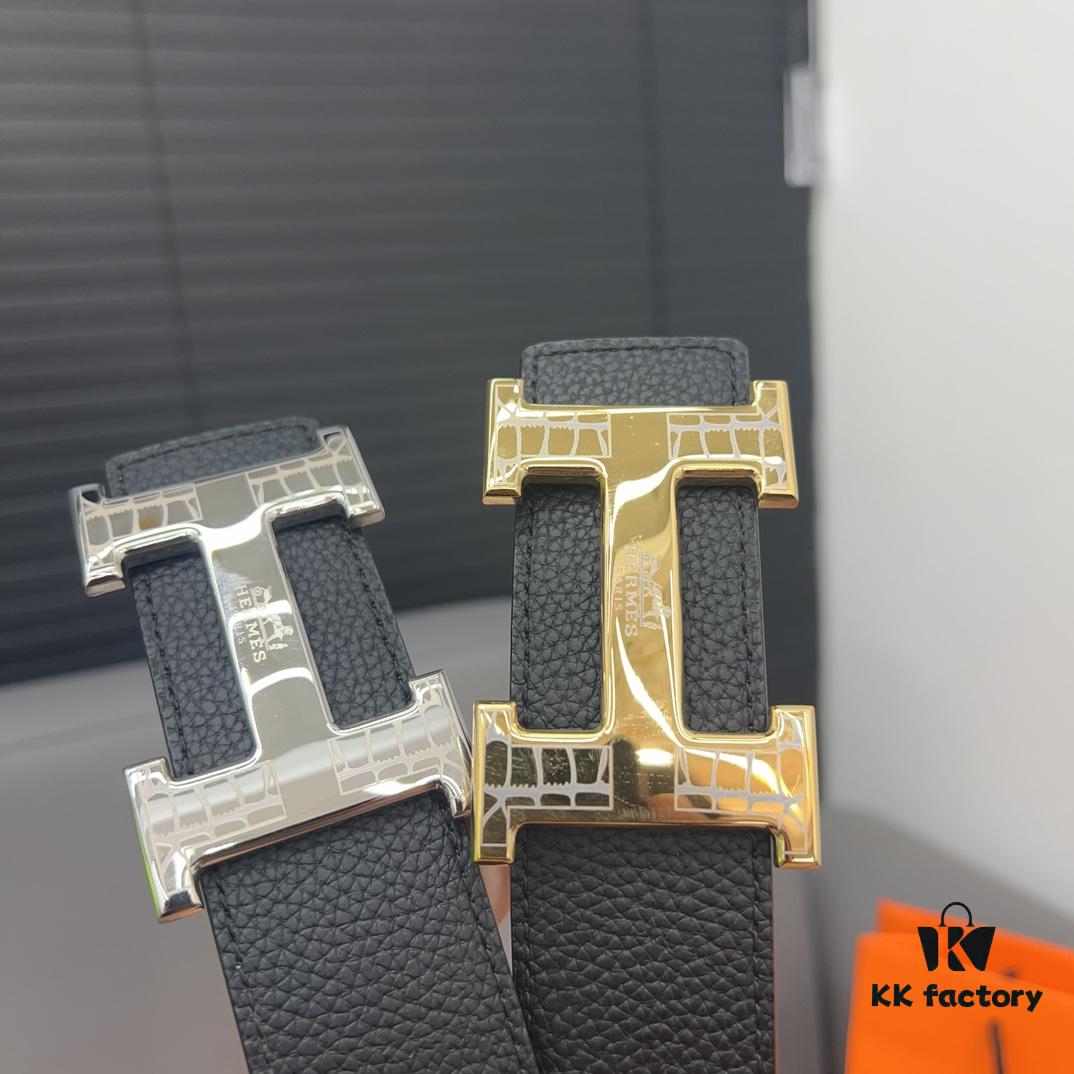 Hermès Men's Leather Belt with Steel Buckle and Printed Eyelets, Classic Design, Two Colors Available