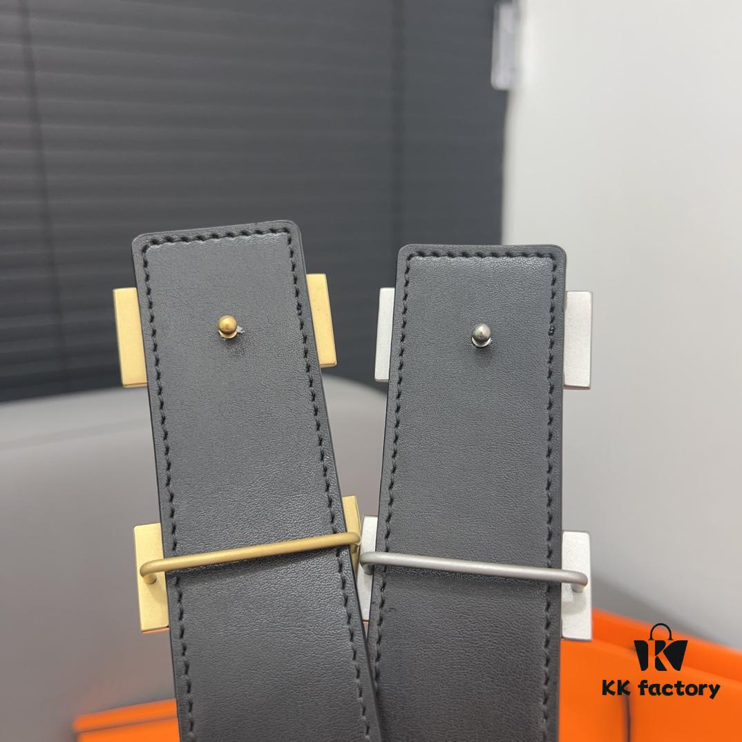 Hermès Men's Leather Belt with Steel Buckle and Printed Eyelets, Classic Design, Two Colors Available