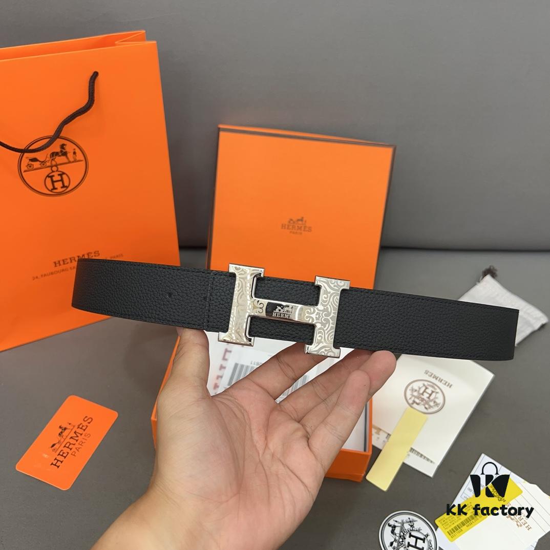 Hermès Men's Leather Belt with Steel Buckle, Printed Eyelets, Genuine Cowhide, Classic Design, Two Colors Available