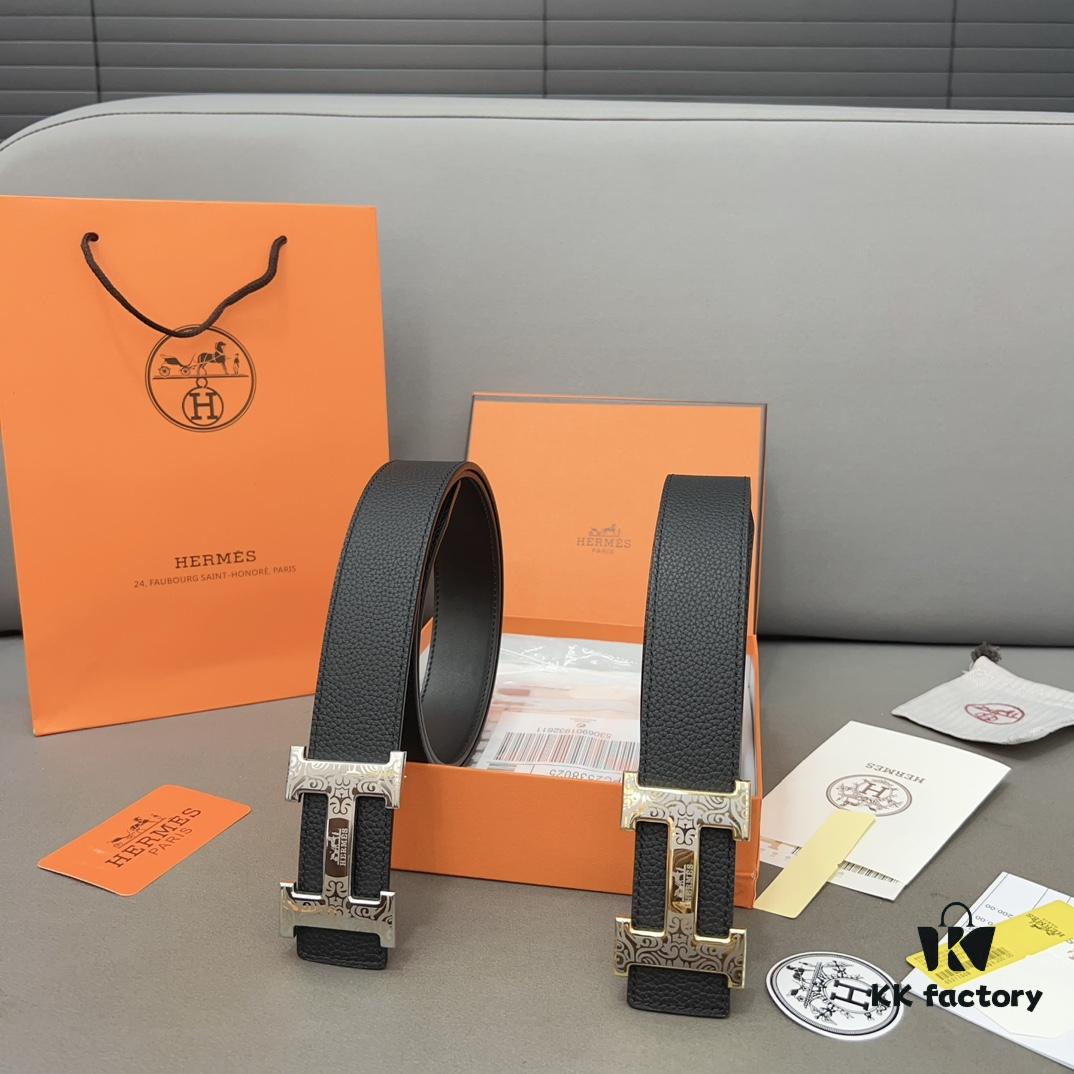 Hermès Men's Leather Belt with Steel Buckle, Printed Eyelets, Genuine Cowhide, Classic Design, Two Colors Available